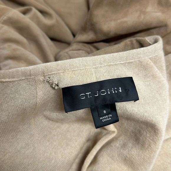 St John Suede Leather Coat Jacket Cashmere Lined Pockets Tan Beige Womens Size 8 - Picture 10 of 11